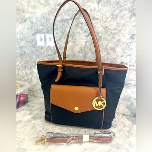 Women's Black Michael Kors Jet Set Nylon Large Pocket Multifunction Tote